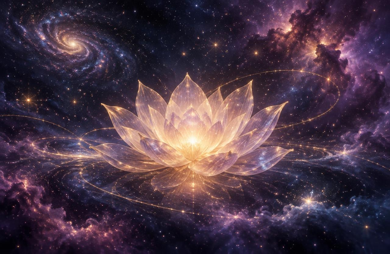 A glowing lotus of light floating among the stars