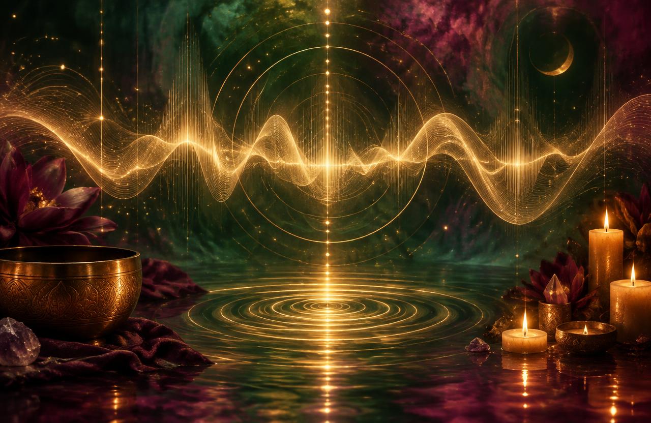 Golden sound waves rippling over still water beside a singing bowl and candles