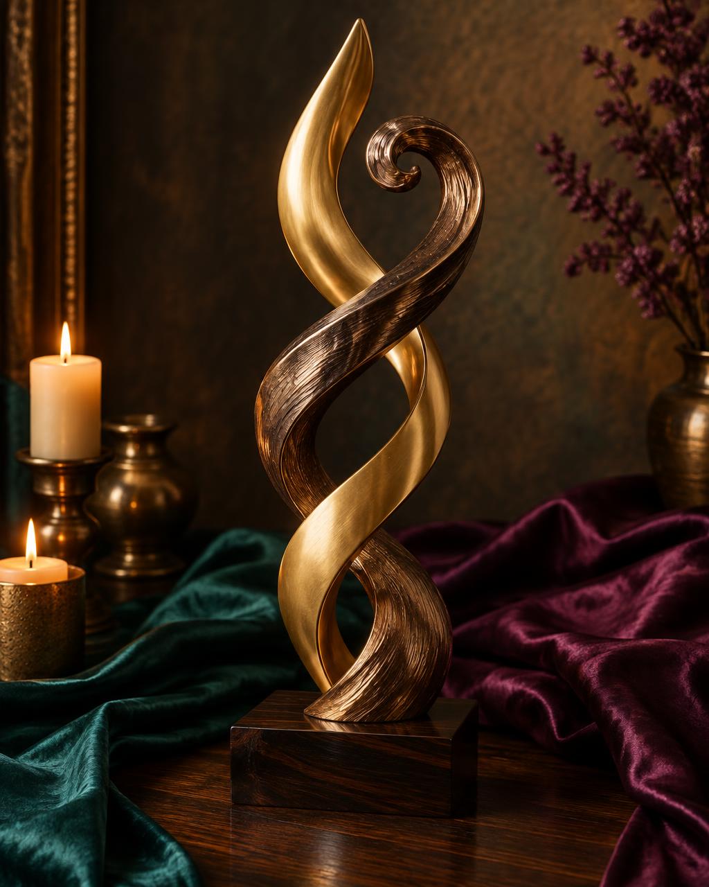 A gold and bronze sculpture of two spiral forms intertwining