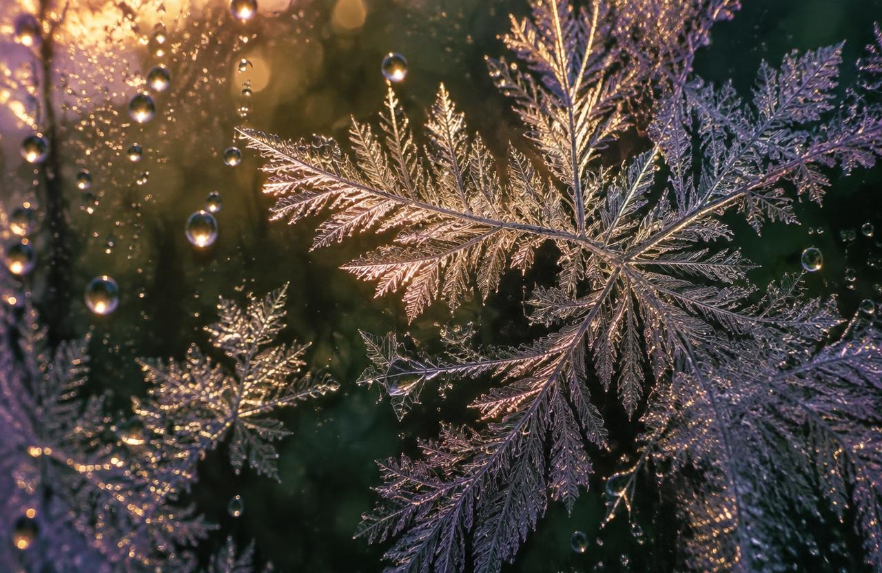Delicate frozen water crystals glowing in soft gold and amethyst light